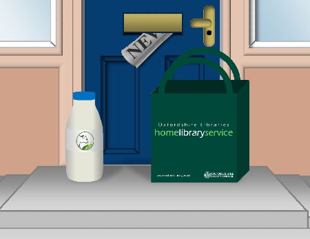 Image of a front door showing a newspaper sticking out of the letter box, a mil bottle on the doorstep and a bag 