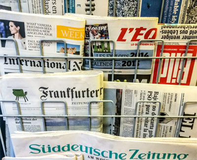 International newspapers on a stand