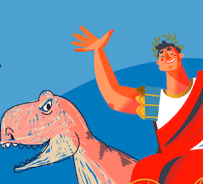 Illustrative image of dinosaur and man in toga