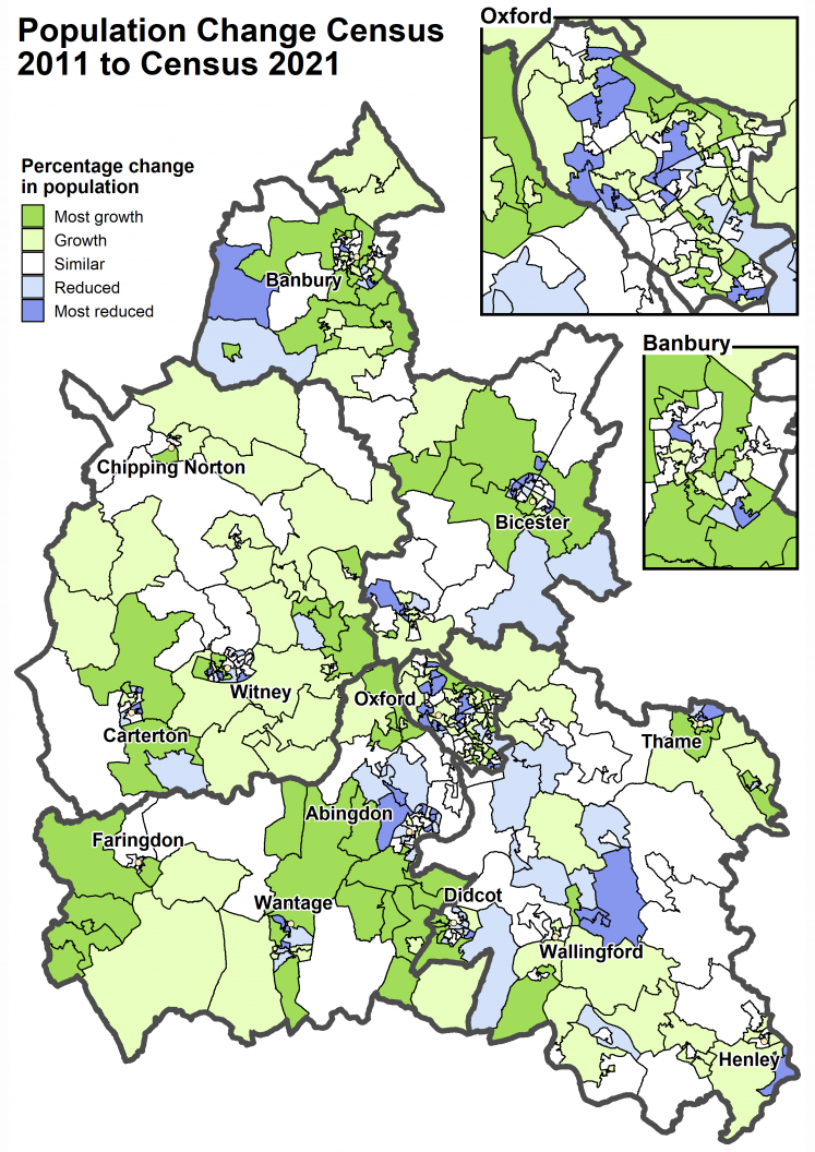 Map of Oxfordshire showing population change 2011 to 2021