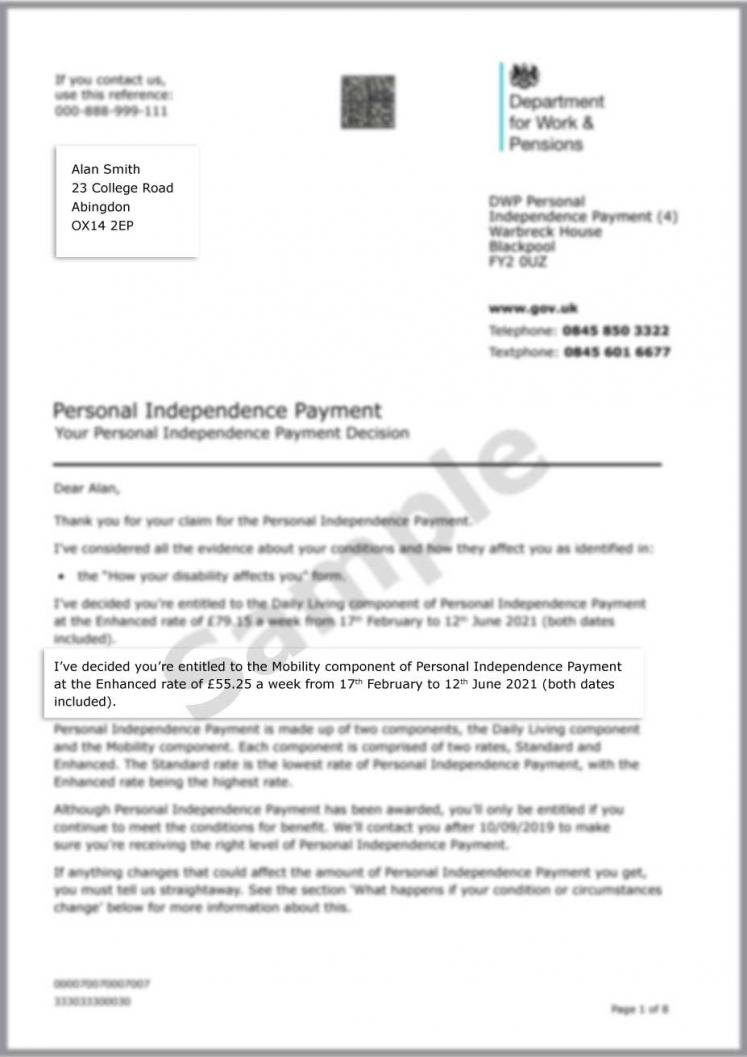 Example of the first page of a PIP decision letter