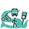 Graphic of cyclist, pedestrian, bus and traffic light.