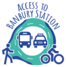 access to Banbury station with person walking and another cycling and a bus and car