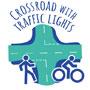 Crossroads icon with stick figure and bicycle and words 'crossroads with lights'